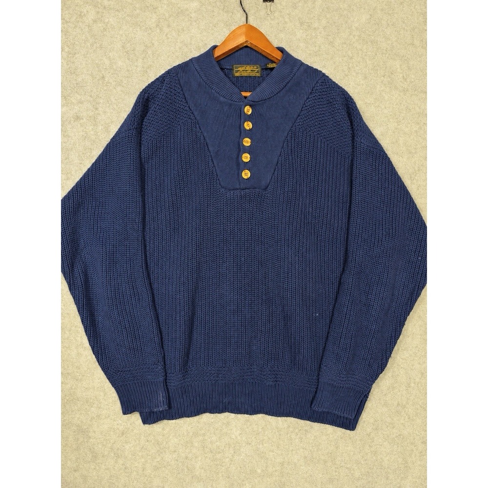 Vintage Eddie Bauer Sweater Mens L Navy Cotton Shawl Collar Henley Chunky Knit